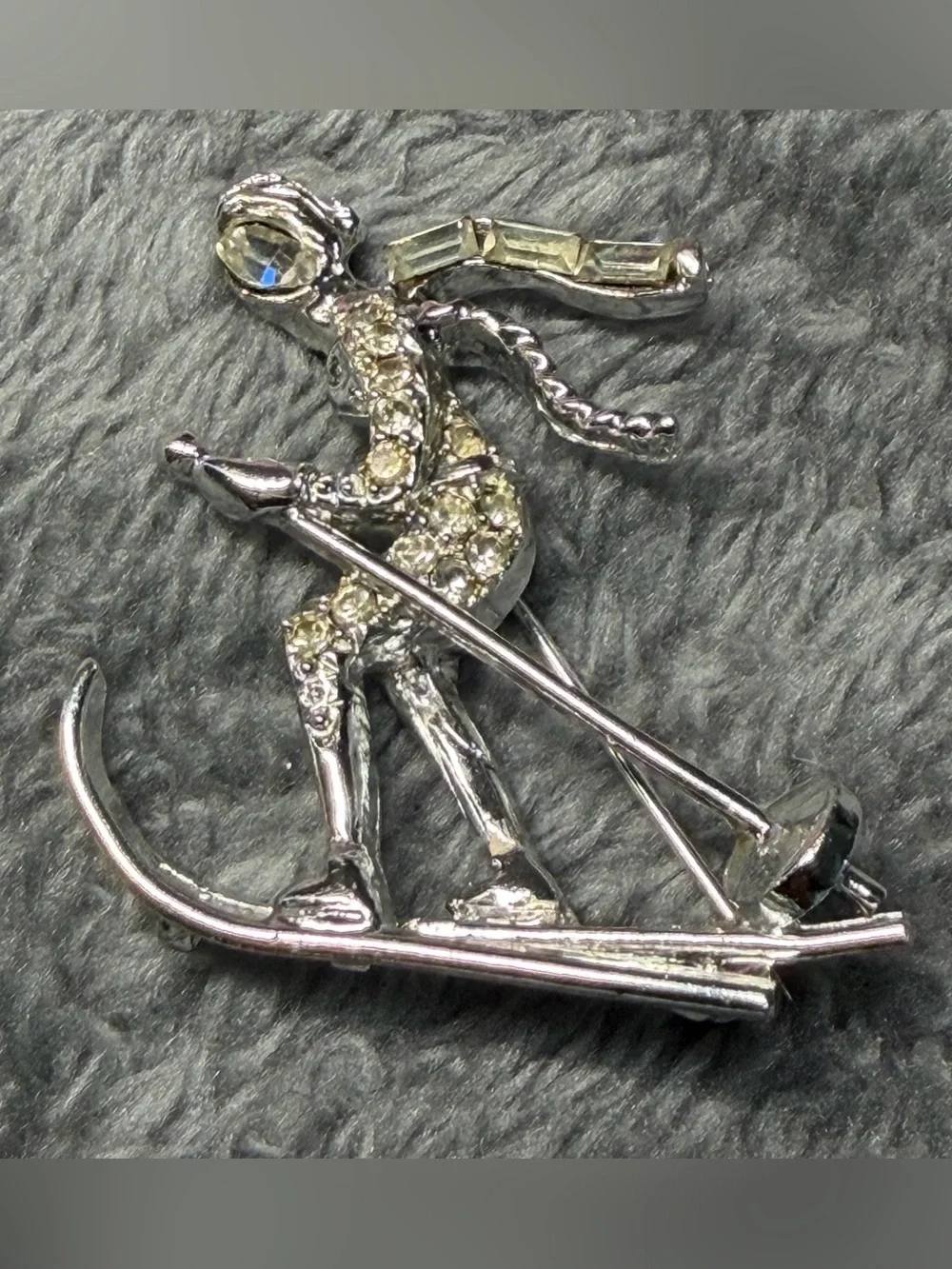 Silver-Tone Rhinestone Skier Pin - Silver